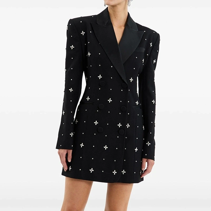 

New Fashionable And Stylish Commuting Heavy Industry Nail Bead Inlaid Diamond Long Sleeved Suit Skirt Slim Fit Short Dress