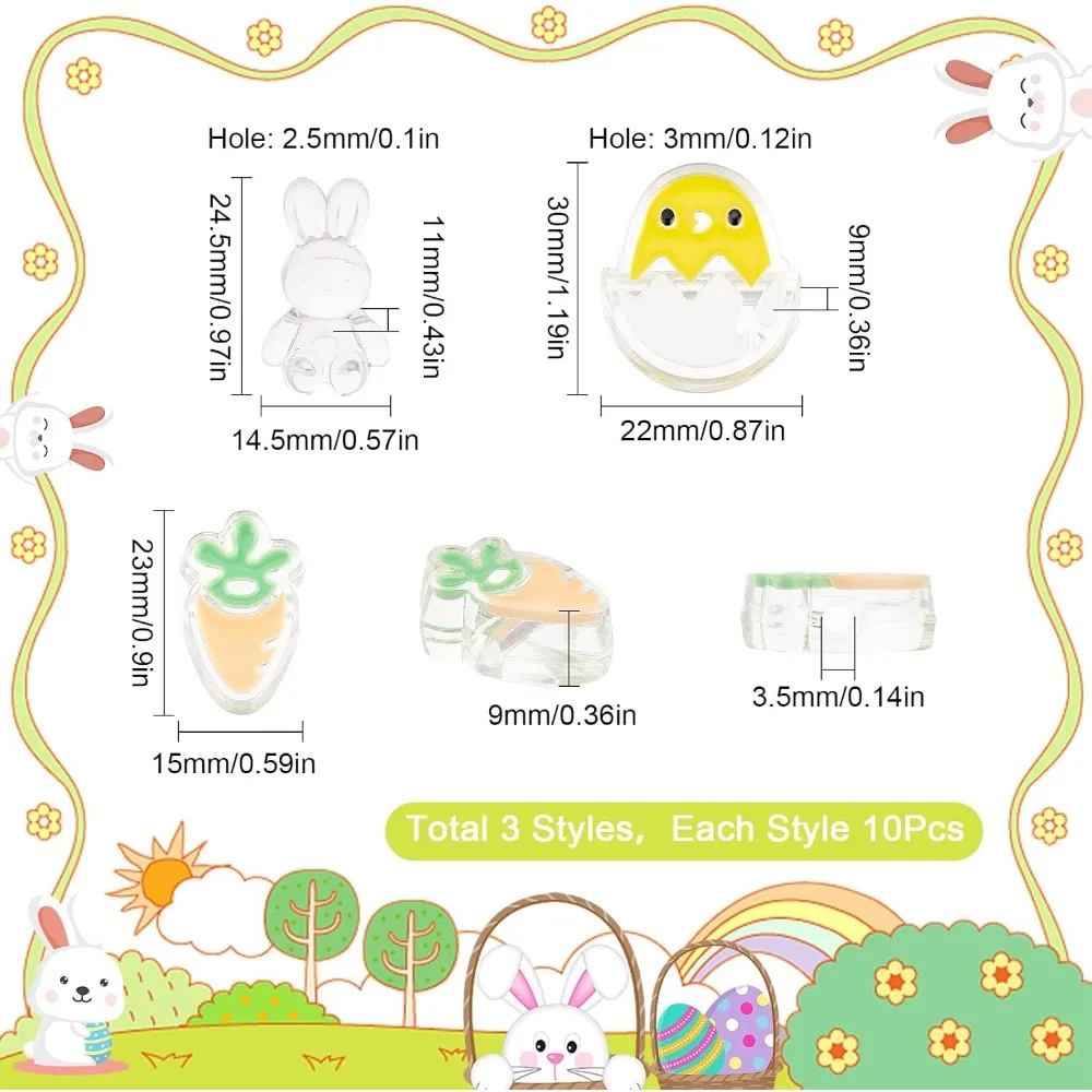 30Pcs 3 Styles Easter Beads Bunny Chicken Rabbit Eggs Carrot Vegetable Spring Acrylic Cartoon Spacer Loose Bead