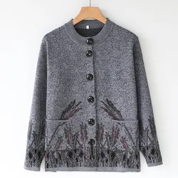 Middle Aged Mother Cardigans Sweater Spring Autumn New Outerwear Coat Round Neck Knitwear Women Jacket Grandma Crop Knit Tops