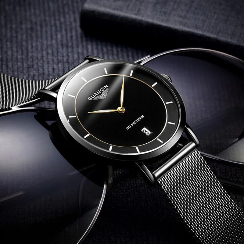 GUANQIN Luxury Men Quartz Watch Ultra-Thin Stainless Steel Case Date Window Minimalist Leisure 30M Waterproof Luminous Watches