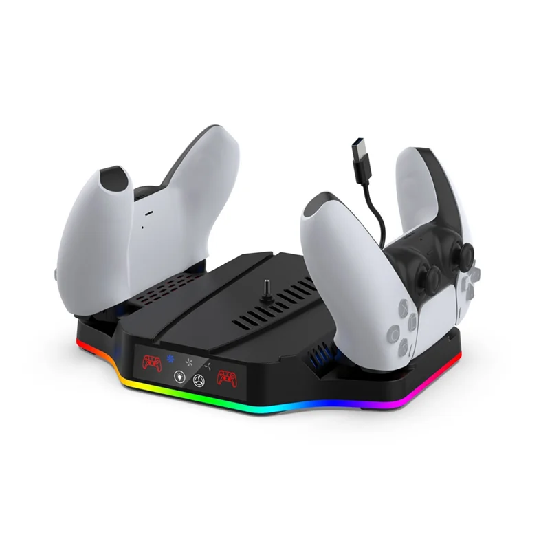 N75R-ゲームコンソール冷却ドック PS5 スリム用 RGB カラフルな周囲光ポータブルゲームパッド充電器