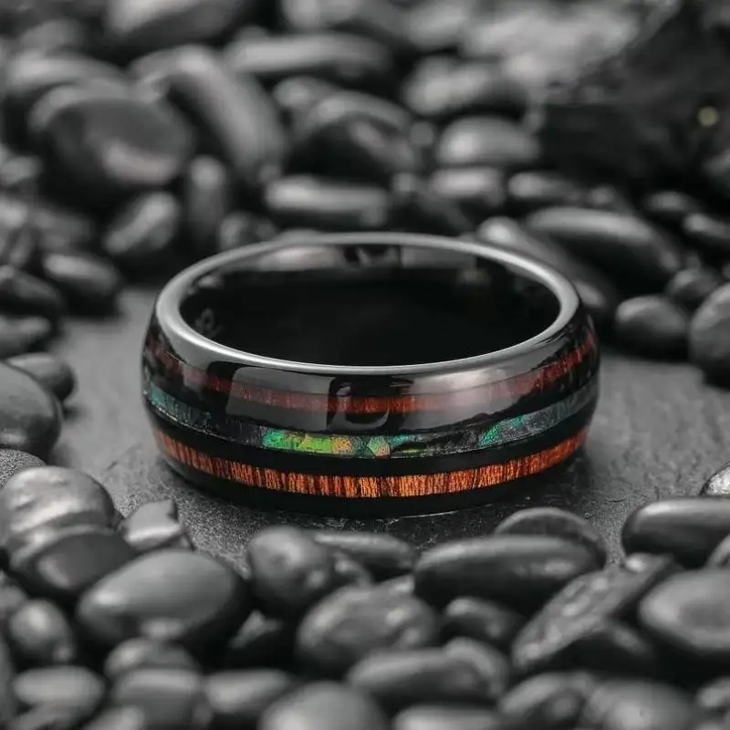 8Mm Wooden Ring, Men's Wedding Ring, Valentine's Day Gift Abalone Shell Inlaid Tungsten Ring, Men's and Women's Wooden Rings - view 3