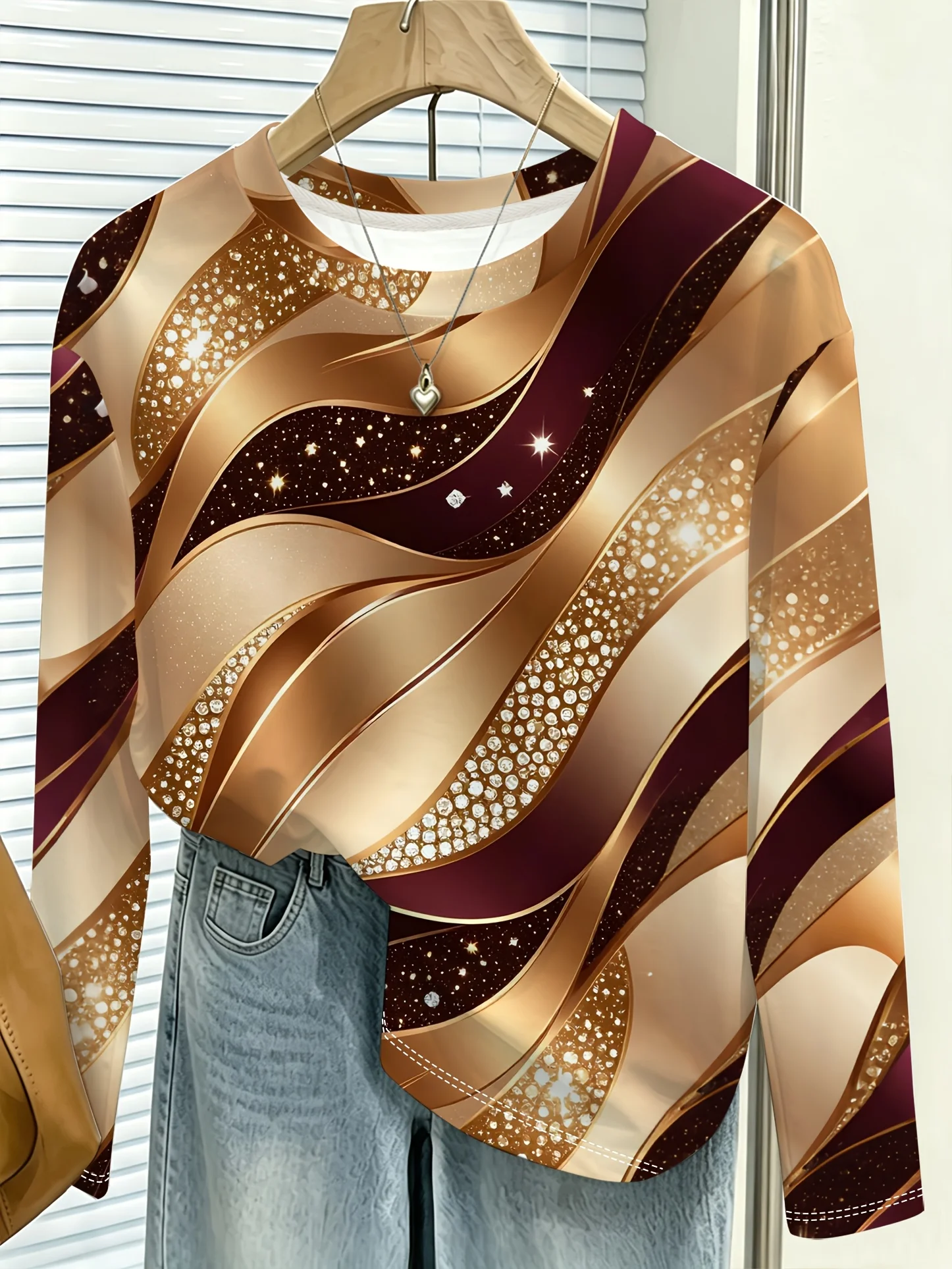 Women T‑Shirt Long Sleeve 3D Glitter Swirl Wave Print Tees Casual Street Female Wear Daily O‑Neck Fashion Top Women's Clothes