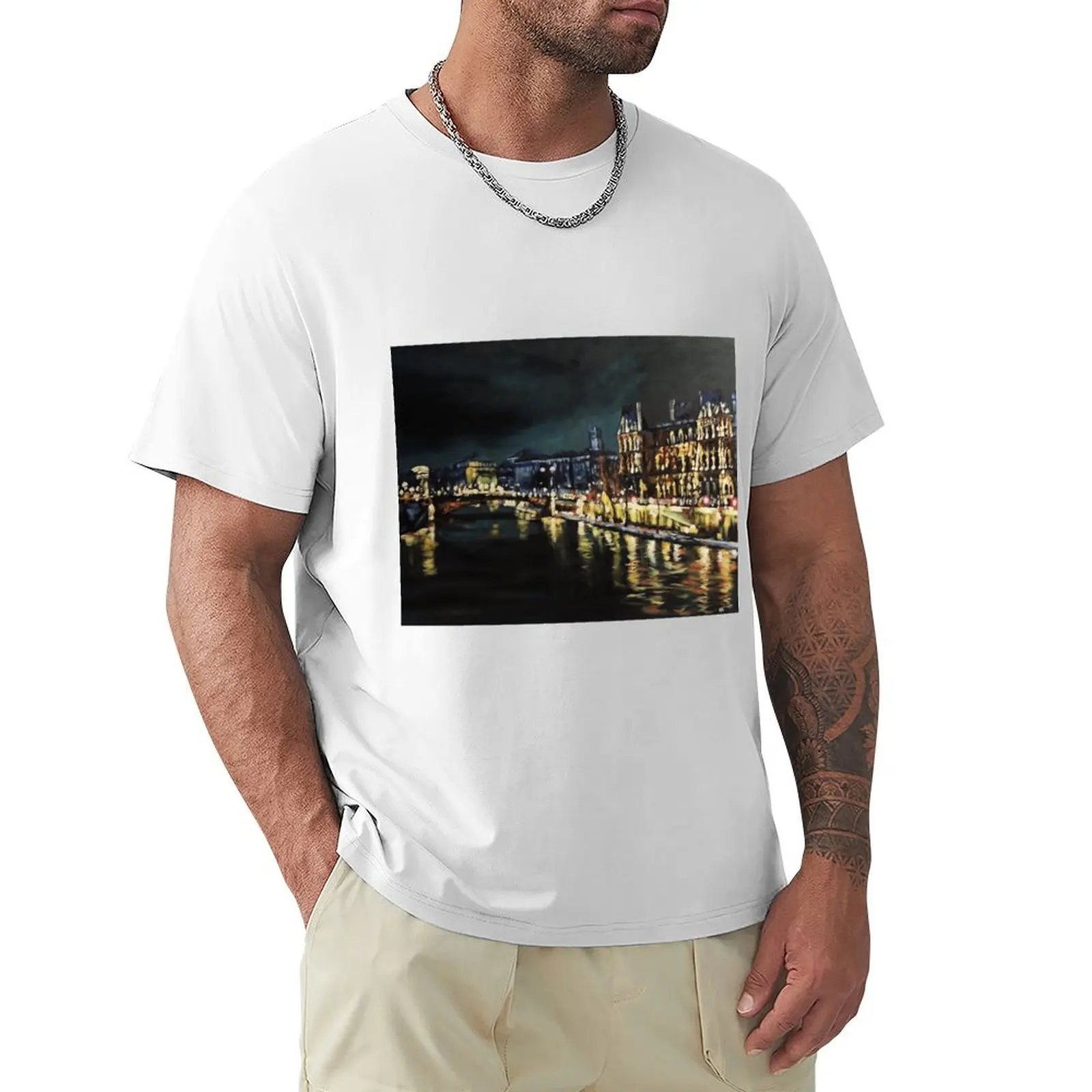 The Seine at night T-shirt anime kawaii clothes plain white t shirts men