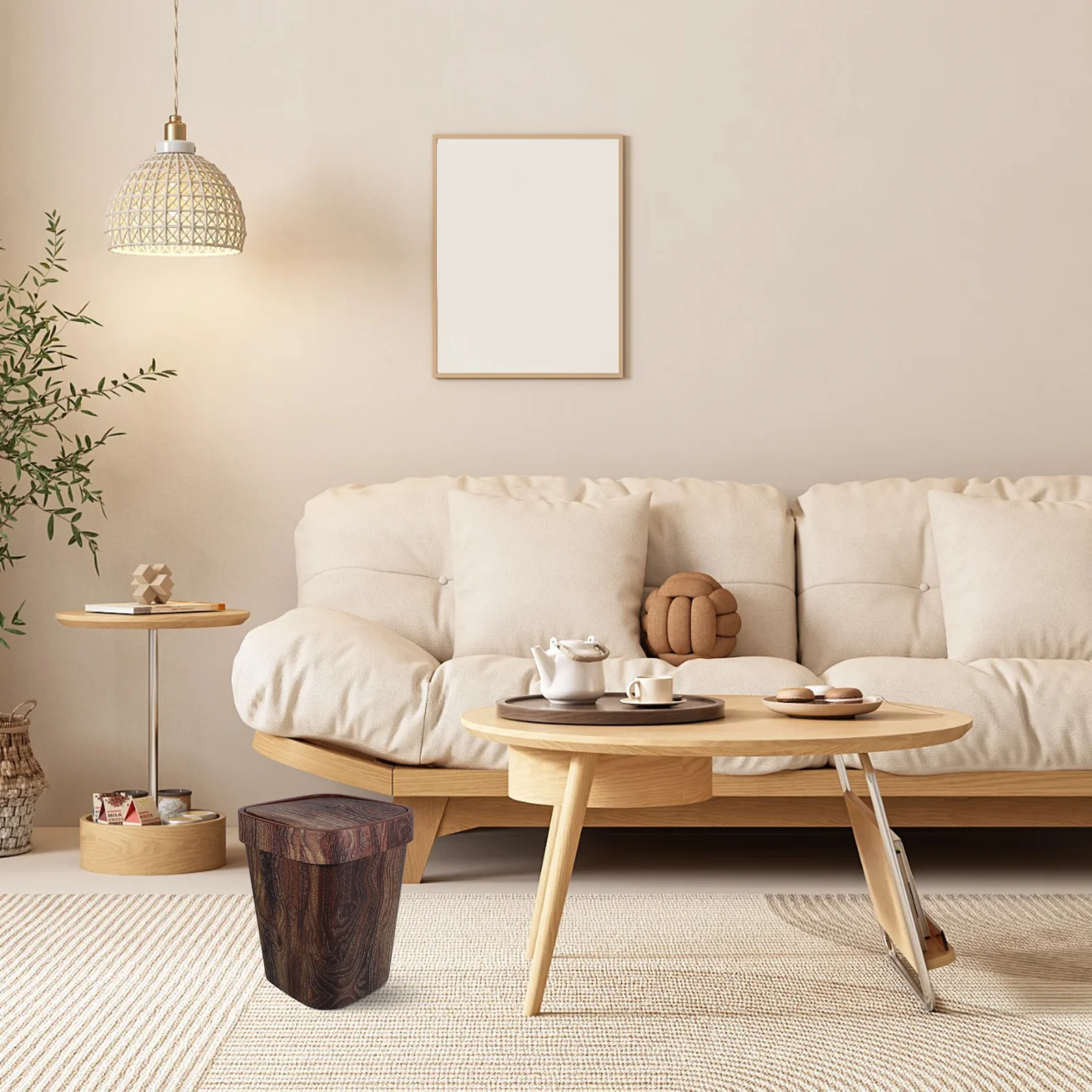 

Plastic Trash Can Swing Lid Vintage Square Wood Grain Kitchen Bathroom Living Room Office Garbage Waste Bin Brown