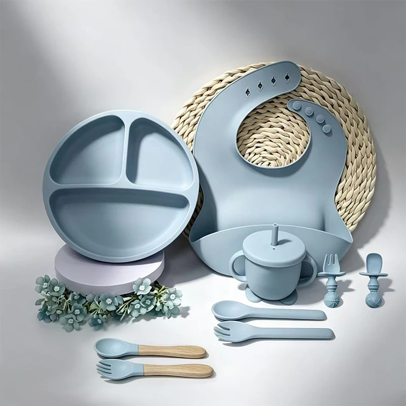 9pcs Silicone Baby Feeding Set - Soft, Food-Grade Tableware with Bib, Suction Plate and Bowl, Wooden-Handle Spoon and Fork, Training Cup for Kids - Available in Pink or Blue