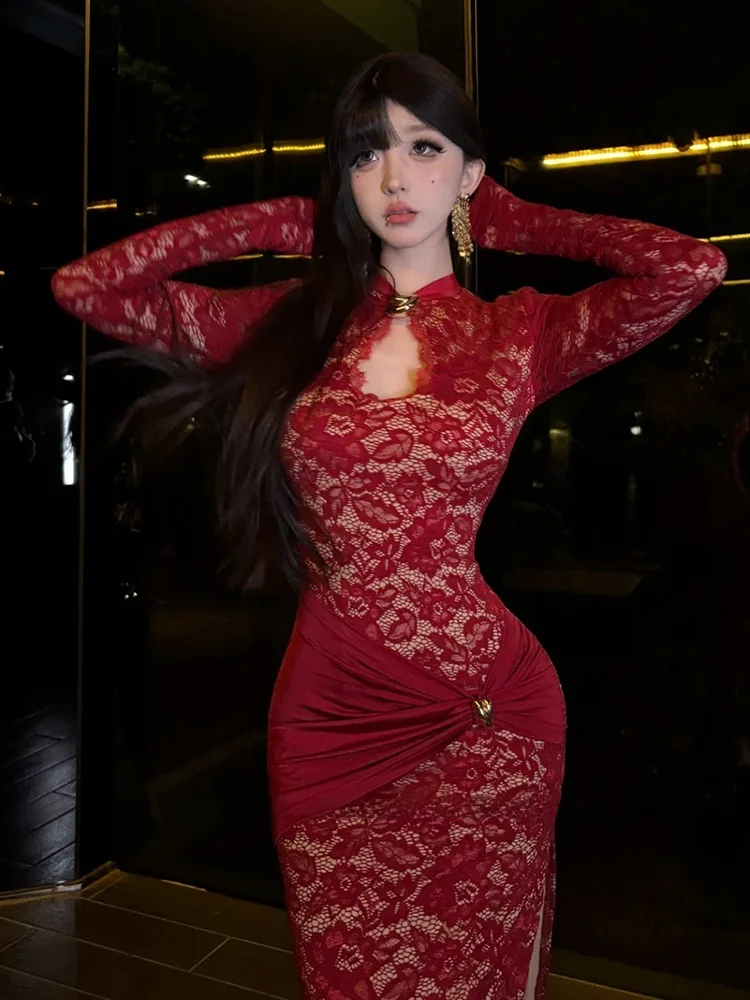 

XZY Pure Desire Sexy Lace Dress Women's Spring Hollow out Bodycon Skirt Korean Style Slim Fit Long Sleeve Long Dress