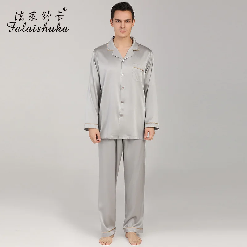 19 momme 100% Real silk pajamas sets men Sleepwear Long sleeve spring simple male elegant pajamas homewear T9093