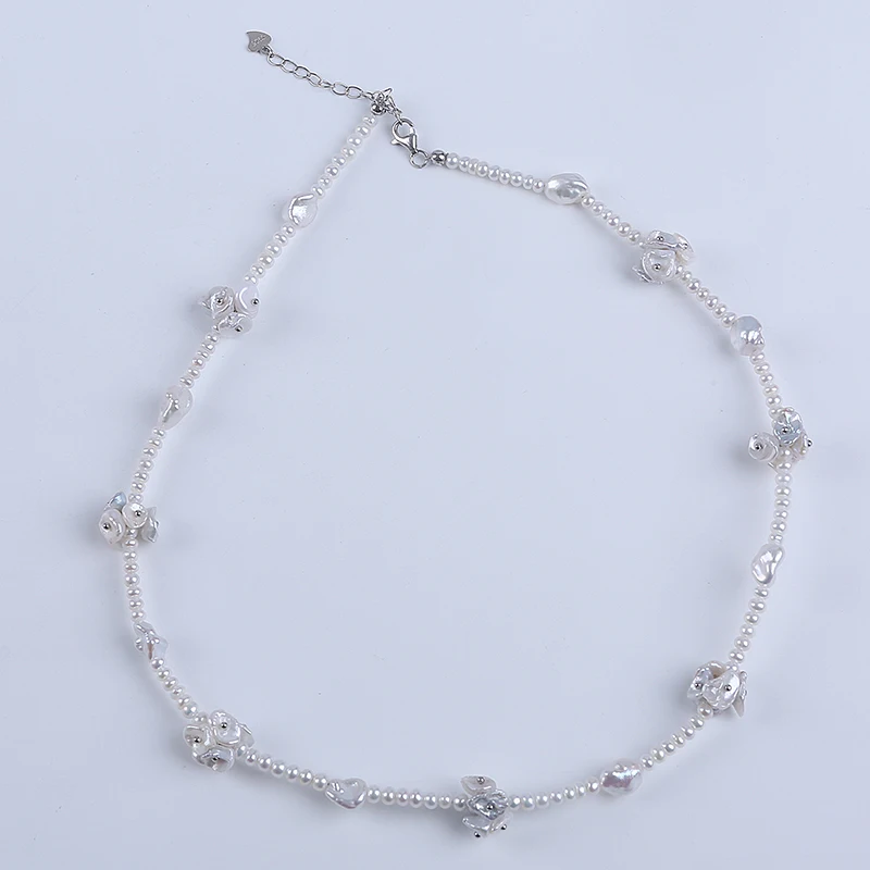 

Natural White High Quality Button Keshi Freshwater Pearl Choker Necklace S925 Chain Handmade Jewelry