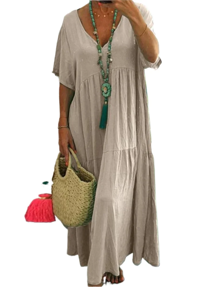 

Female Casual Loose Dress Fashion V Neck Short Sleeve Pullover Dresses Robe Femme Beach Holiday Skirt Womens Clothing Summer New