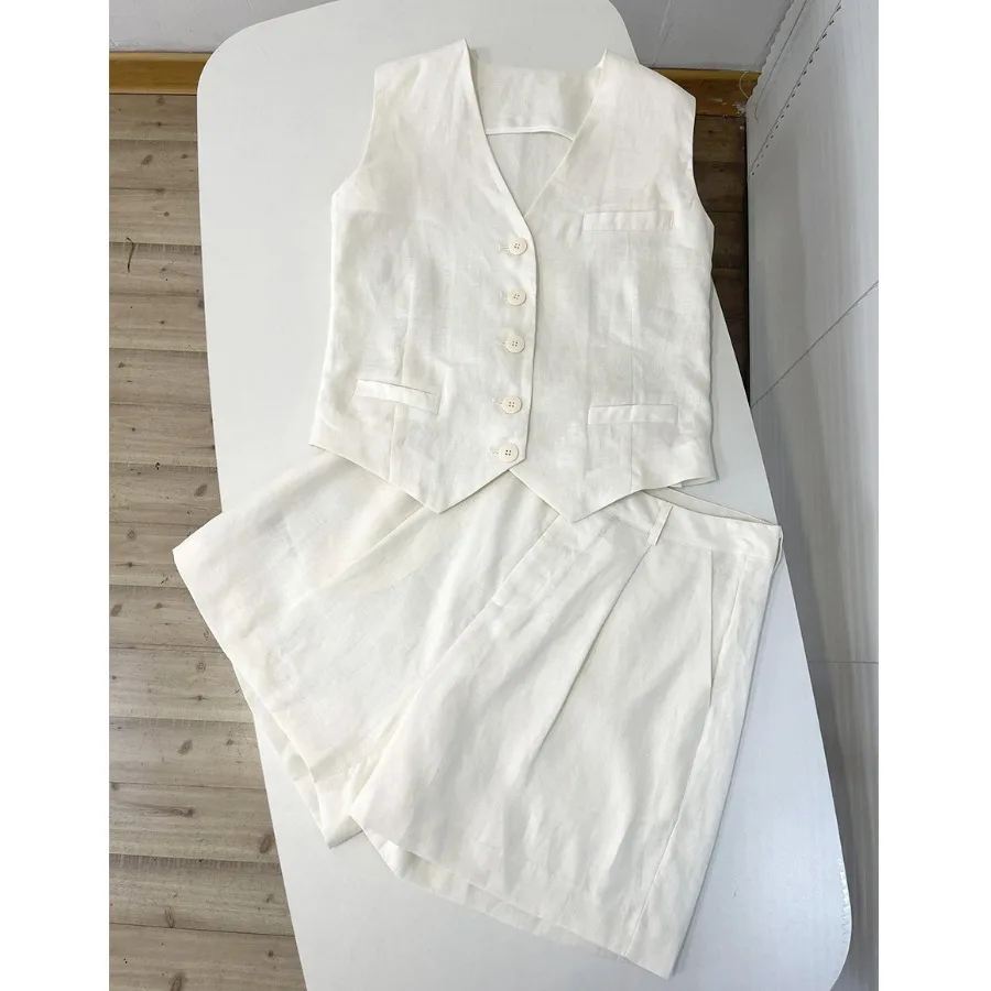 

Летний тонкий костюм с жилеткой и шортами, женский комплект с широкими брюками, модный хлопковый комплект из блузки и шорт.