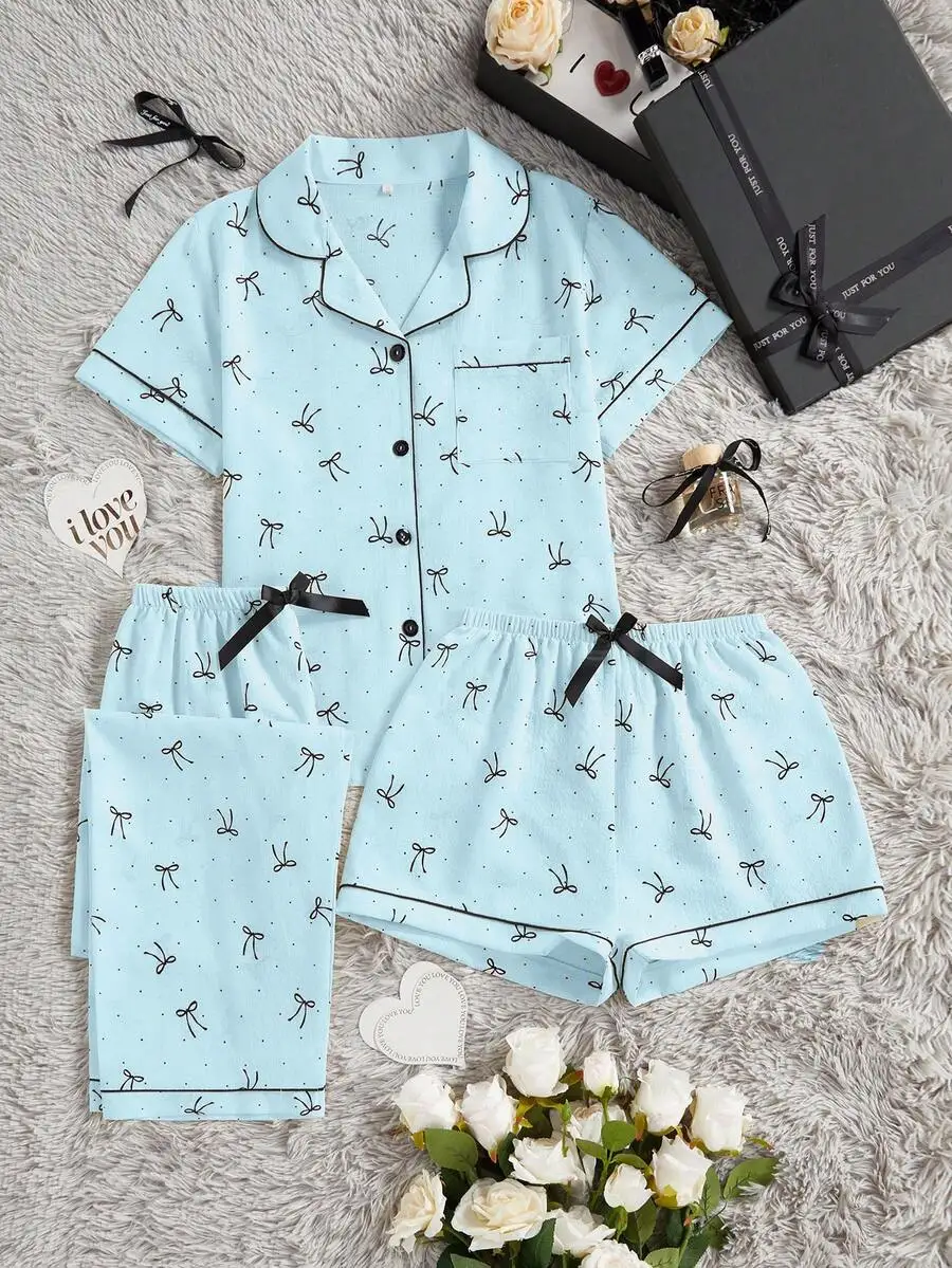 

3pcs Women Casual Loose Bow Dot Print Pajama Set With Pocket Button Short Sleeve Top And Shorts