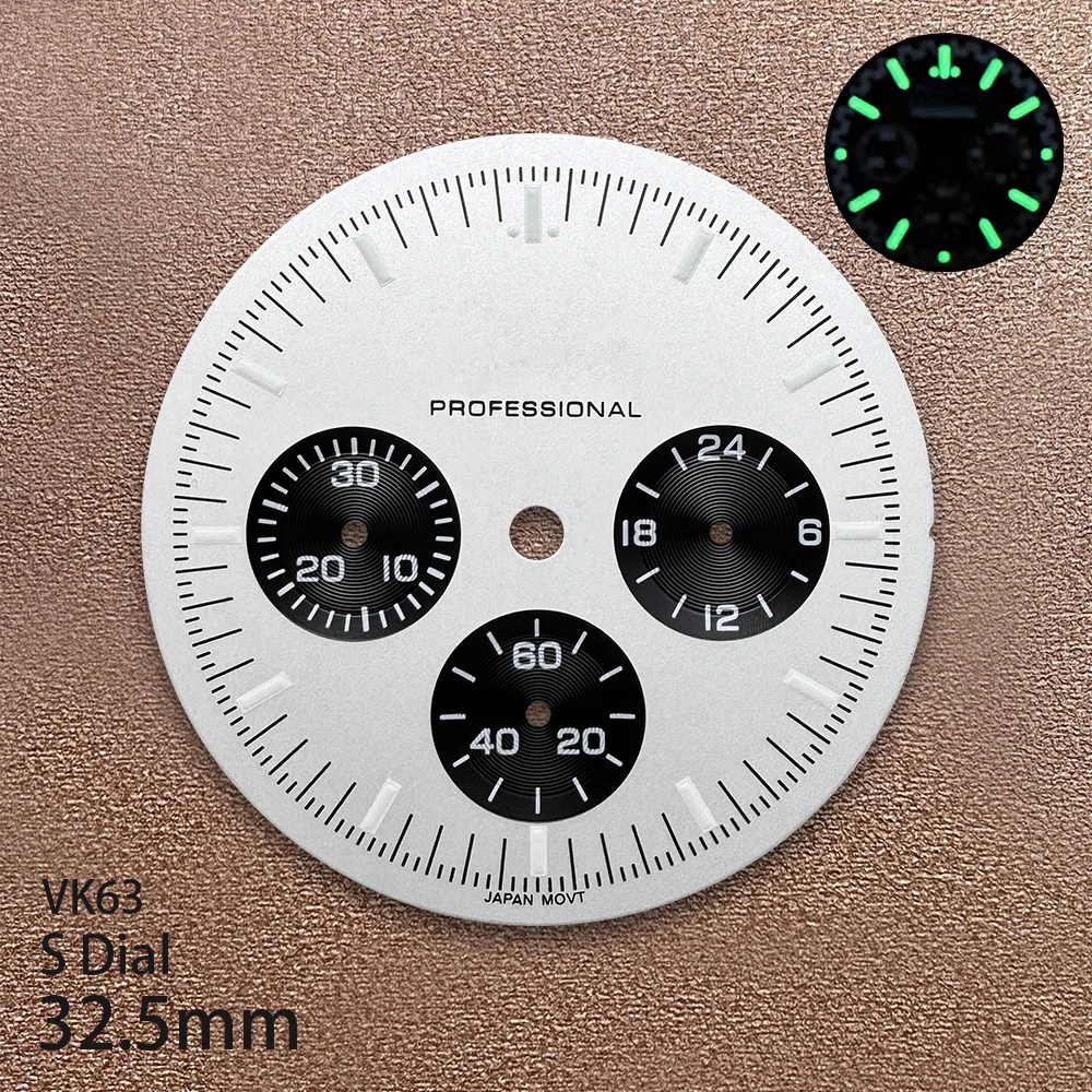 32.5mm S 로고 매트 다이얼 VK63 무브먼트에 적합 녹색 Lminous Sunray 품질 시계 수정 액세서리