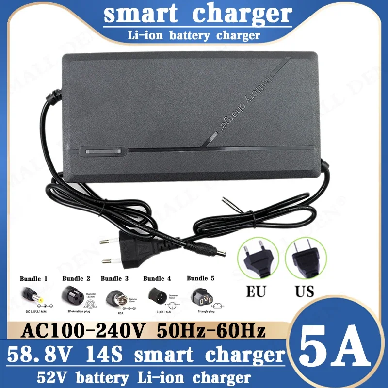 52V Charger 5A 14S Lithium Battery Pack 58.8V 5A Smart Fast Charging AC100V-240V 50Hz-60Hz US/EU Plug Electric Bike Charger