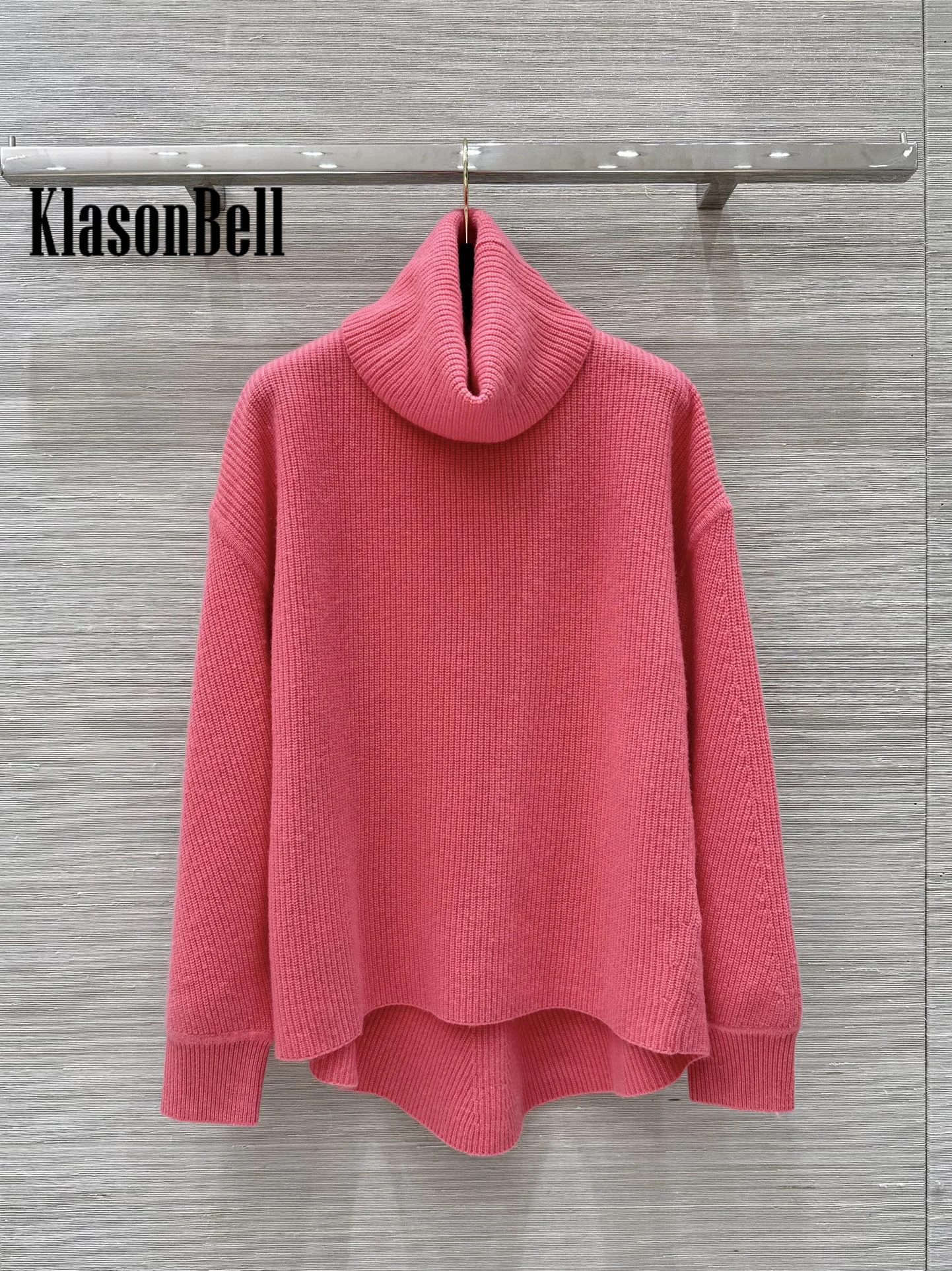 10.8 KlasonBell-Women Turtleneck Cashmere Knit Keep Warm Sweater Solid Jacquard Asymmetrical Hem Design Loose Jumpers