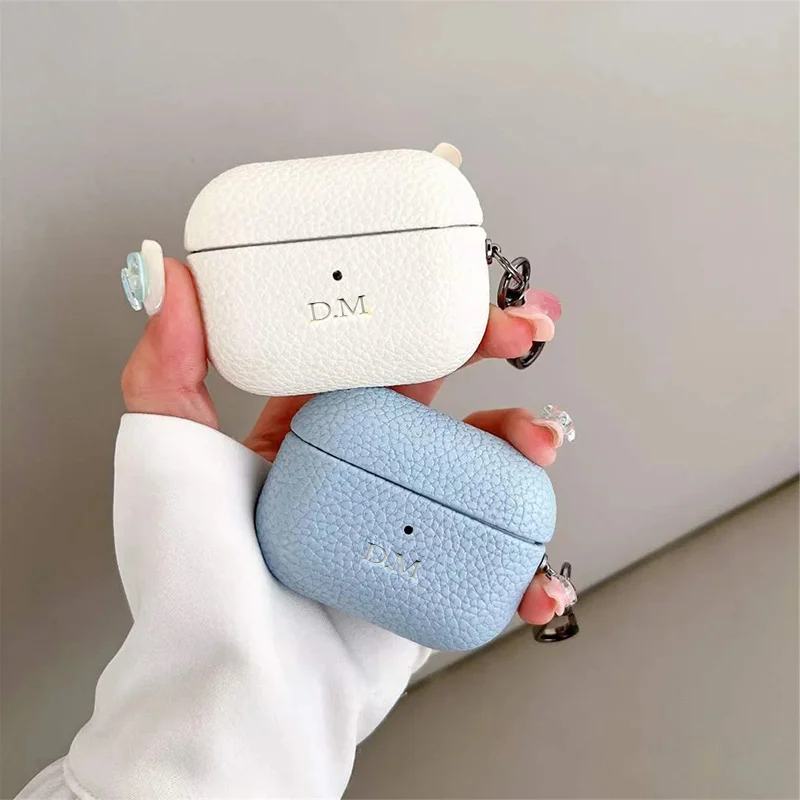 Personalized Initials Silver Letters Customize Earphone Cover For Airpods 1 2 3 Pro 2 Luxury Lychee Skin Pattern With Keychain