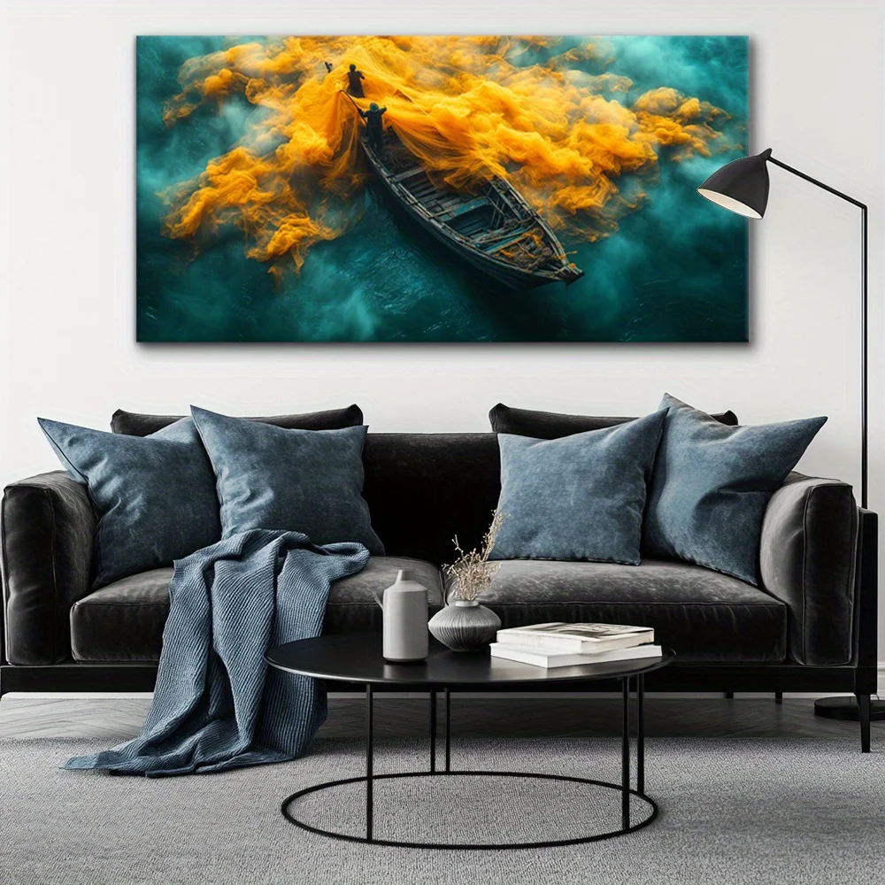 Large-sized frameless canvas paintings,Fishing on Boat Poster and Prints Modern Abstract Orange Teal Swirls Canvas Painting Wall