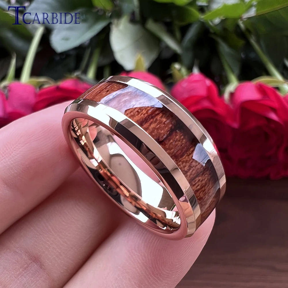 8mm Men Women Tungsten Wedding Band Rosewood Koa Wood Inlay Ring Multicolor Beveled Polished Finish Classic Gift Jewelry