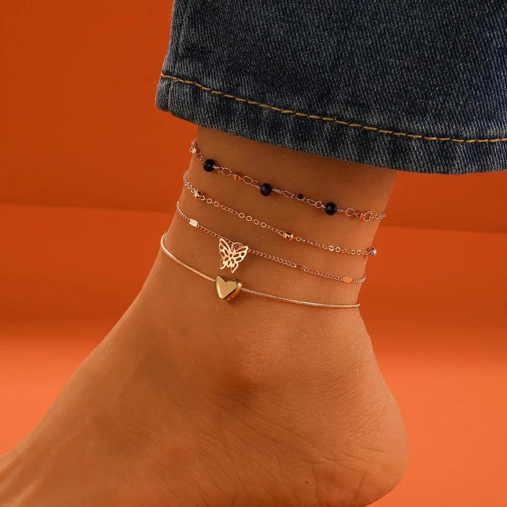 4pcs Set Bohemian Multi Layered Butterfly Heart Bow Imitation Pearl Charms Anklets Set for Women Beach Vacation Foot Jewelry