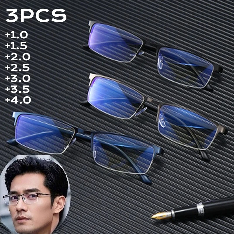 3PCS herren Business Lesebrille Metall Halb-rahmen Männer Frauen Mode Presbyopie Brillen Hyperopie Anti Blau Licht Brillen