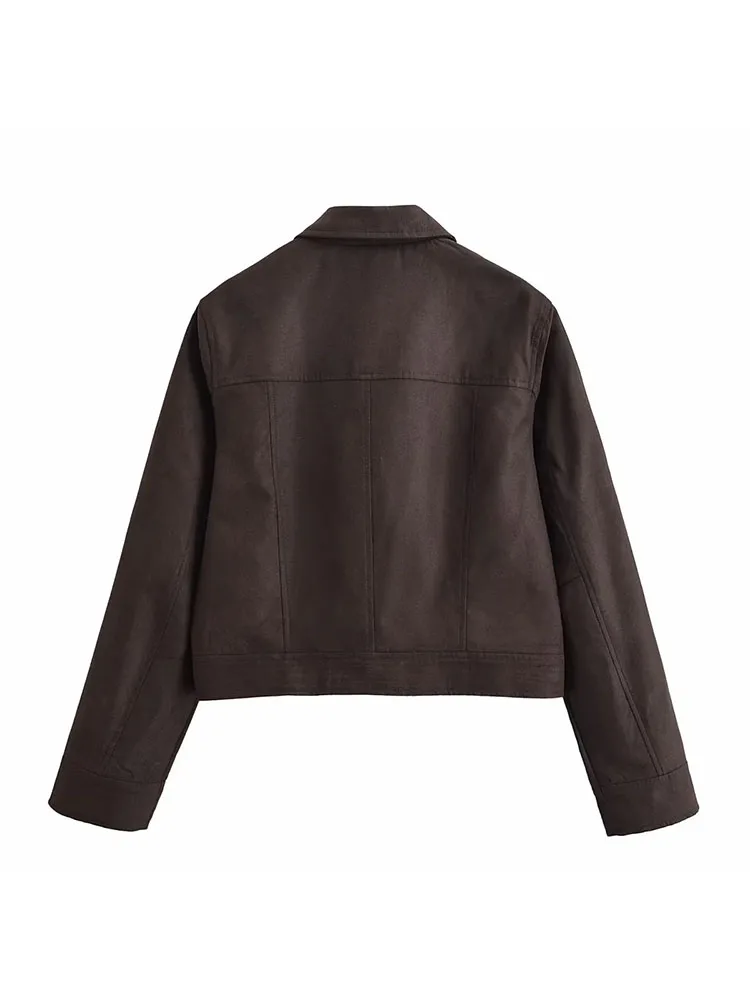 سترة نسائية موضة خريف 2025 عتيقة من جلد الغزال بأكمام طويلة وجيوب معاطف نسائية ضيقة بسحاب عالي الشارع #2