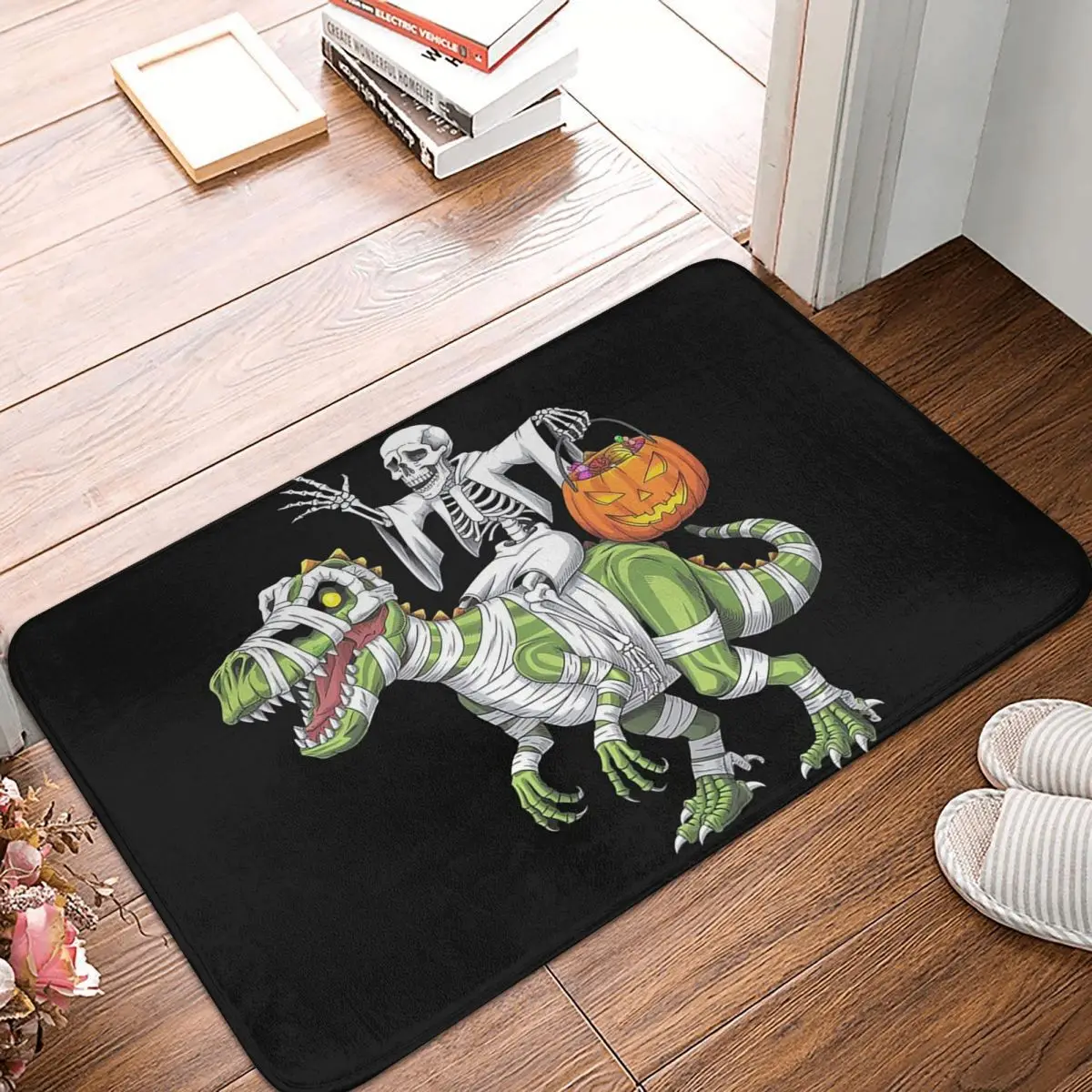 Halloween Skeleton On T Rex Mummy Dinosaur Anti-slip Doormat Floor Mat Carpet Rug for Kitchen Entrance Home Bedroom Footpad Mats