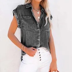 Yeni Rahat denim gömlek Kadın Yaz Kısa Kollu Tek Göğüslü Gevşek Jean Bluz Vintage Harajuku Chic Üstleri Ofis Bayan Tunikler