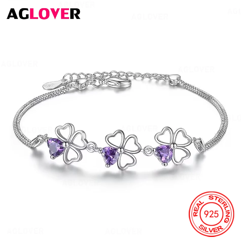 

AGLOVER 925 Sterling Silver Four-Leaf Clover Purple Zircon Bracelet Women's Exquisite and Elegant Engagement Jewelry