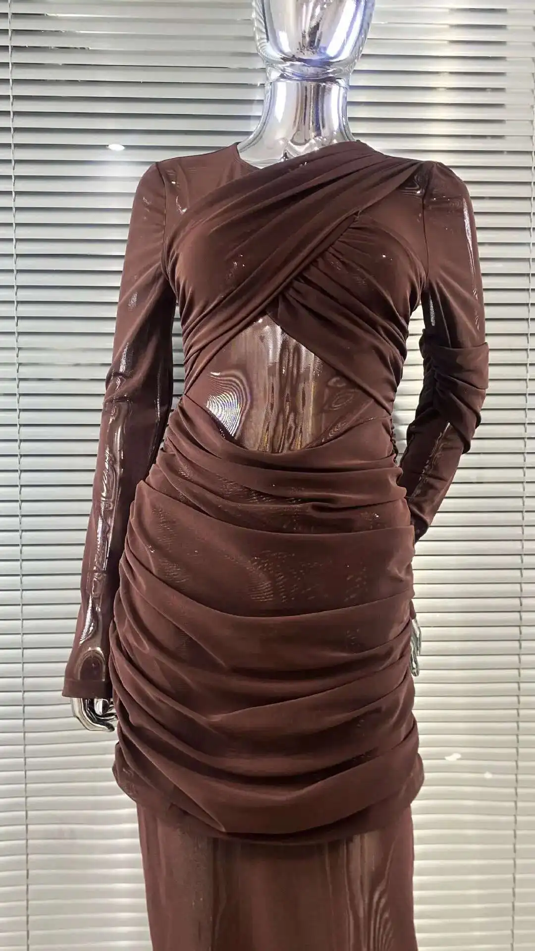 LEOSOXS 2025 ชุดฤดูใบไม้ผลิฤดูร้อนใหม่ Elegant Patchwork แขนยาว Slim Party Dress ผู้หญิงแฟชั่น Double Layer Sheer Dress