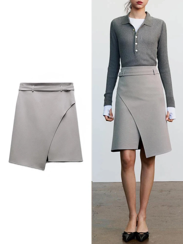 ZABA Women\'s Buckle Belt Asymmetric Half-body Skirt Vintage Slim High Waist Skirt Office Commuter Elegant Split Half-body Skirt