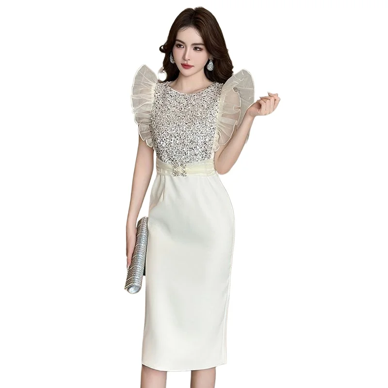 

Light Luxury High-end Sequined Flying Sleeve Dress 2026 New Summer Foreign Style Age-reducing Design Niche Skirt Commuting Style