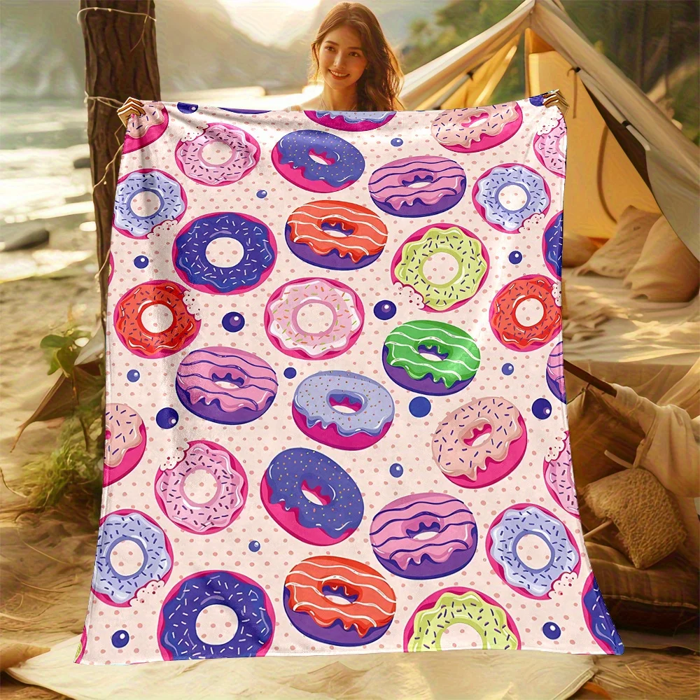 

Assorted Donut Print Flannel Throw Blanket -Polyester Non-Woven, Digital Print, All-Season Reversible, Contemporary