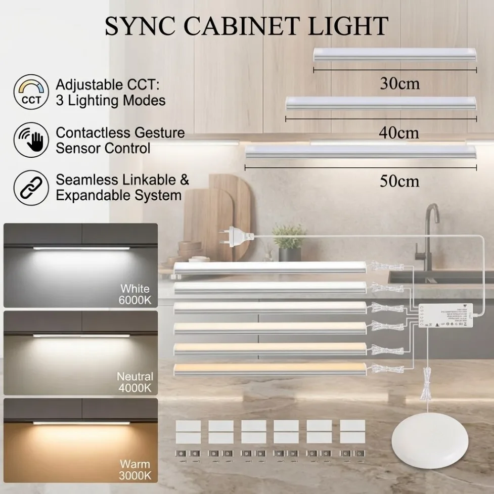 Éclairage de placard à intensité variable et synchronisation, bande LED 1-6 pièces avec interrupteur tactile pour cuisine, garde-mangers, vitrines, chambres et placards