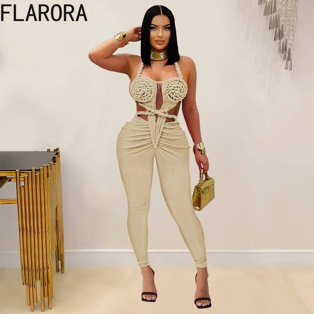 FLARORA Sexy Halter Knit Jumpsuits Woman Hollow Out Backless Sleeveless Ruched Skinny One Piece Overalls Summer Beach Jumpsuit