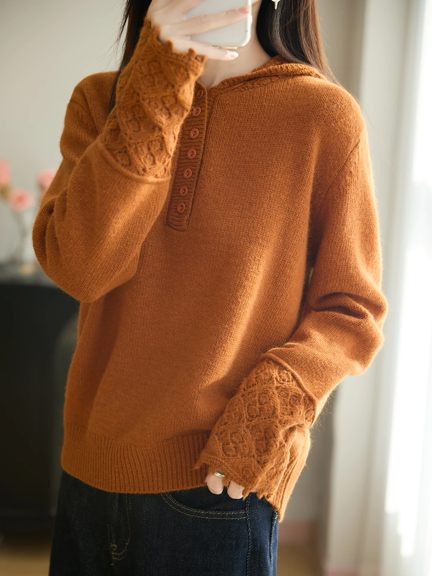 

Вязаная шапка с цветочным узором для женщин, свободная, в корейском стиле, для многослойных образов, для дома, осенне-зимняя, в стиле свитера