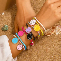 Aihua 7pcs Handmade Bohemia Beaded Round Smile Face Charm Bracelets For Women Girls Elastic Bracelet Bangle Friendship Jewelry
