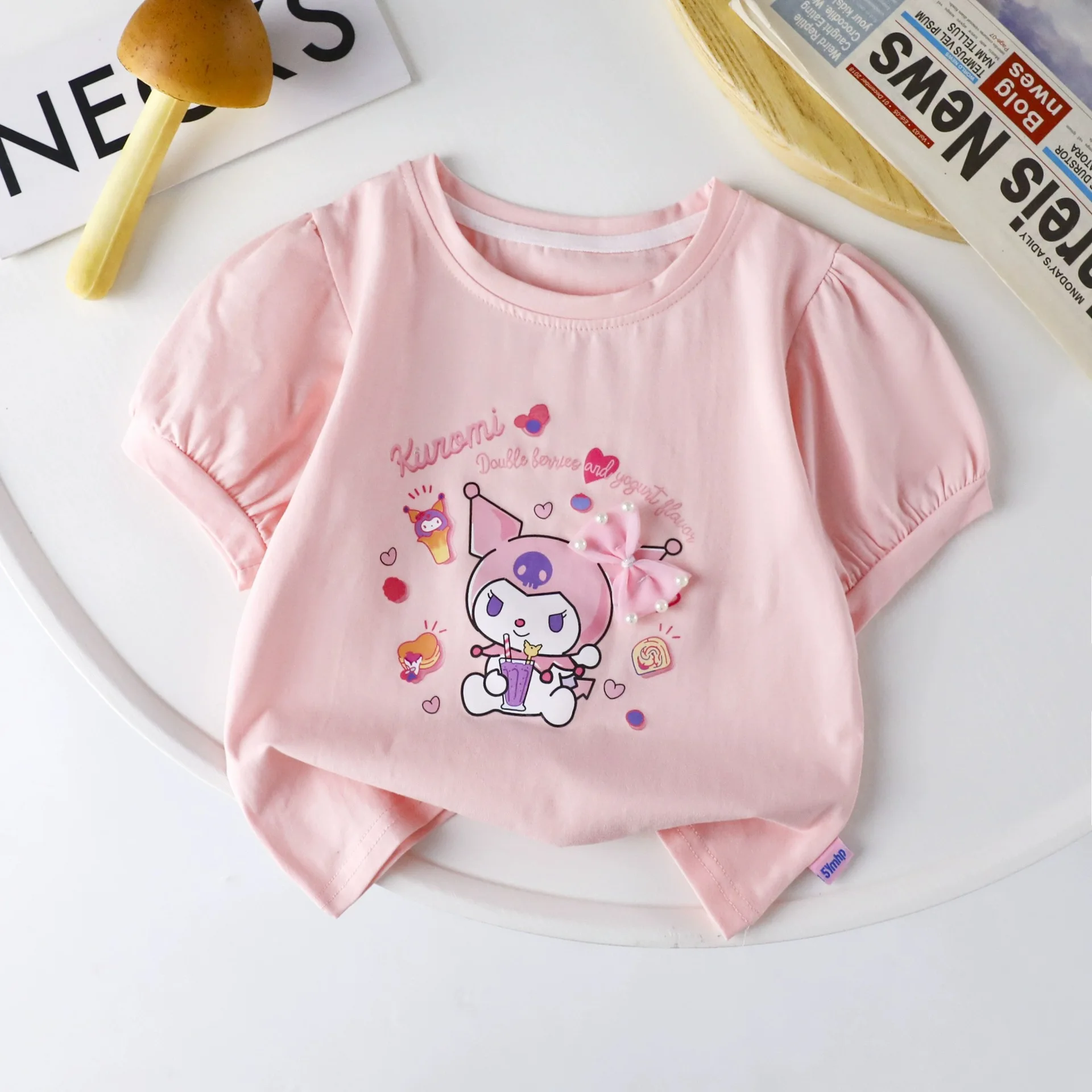 Camiseta Kawaii Sanrio My Melody Cinnamoroll de dibujos animados para niños, blusa informal de encaje de manga corta para bebé y Niña