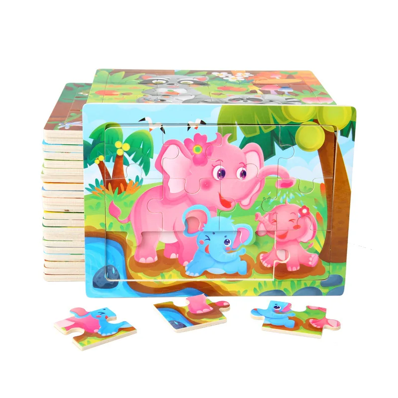 

1pc 11*15cm Wooden Jigsaw Puzzle Cartoon Animal Parent-child Theme Puzzles Game Kids Montessori Educational Toys for Children