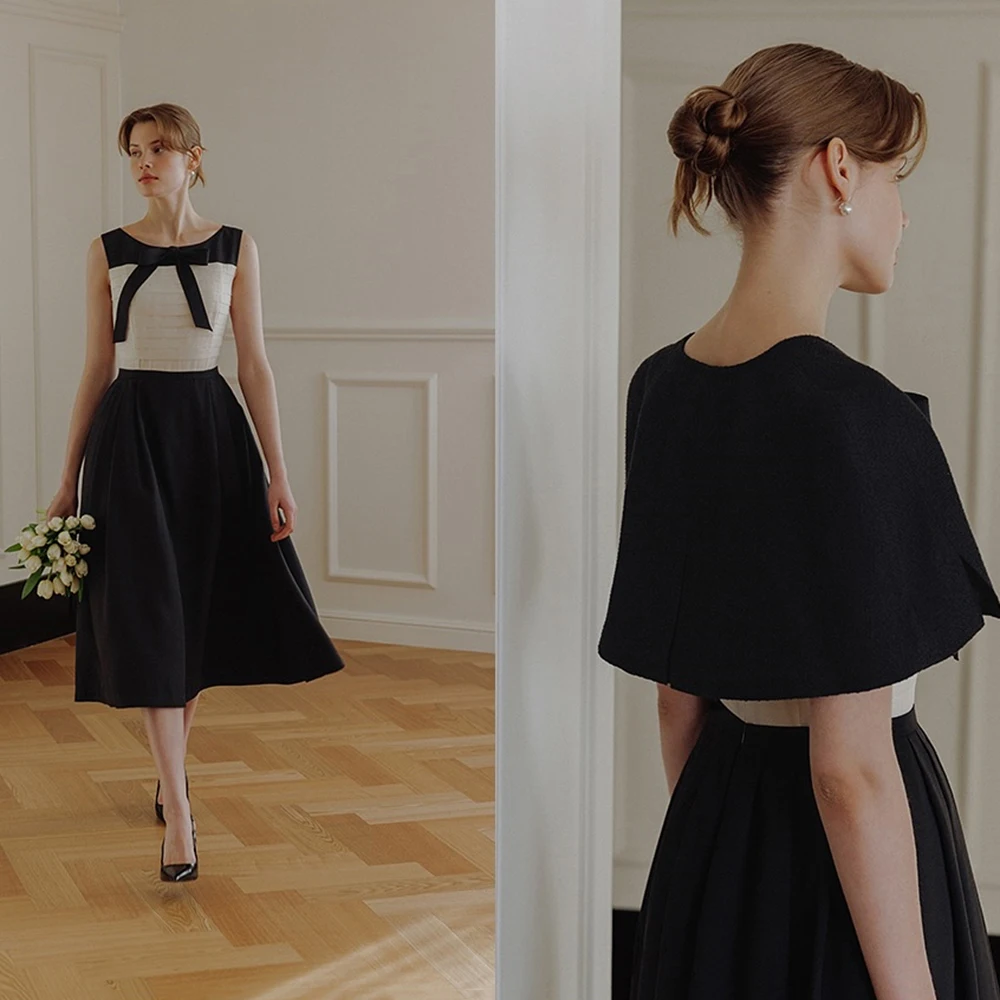 

Customized Contrast Color O-neck A-line Evening Dress With Jacket Sleeveless Party Dress Bow Knee Length Prom Gown For Women