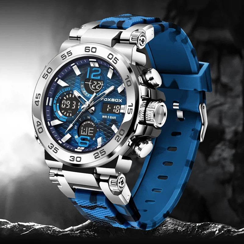 FOXBOX New Outdoor Sports Watch Men Fashion Business Analog Digital Watches For Men Silicone Waterproof Alarm Quartz Wristwatch