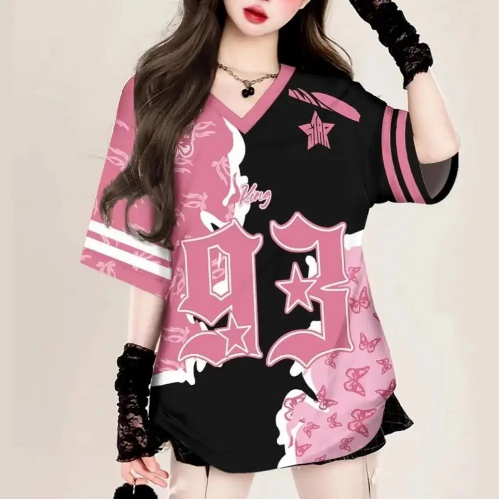 

Y2k Streetwear Dopamine Trend Summer Short-Sleeve Casual T-Shirt High-Street Breathable V-Neck 3D Print Tops T Shirt Women