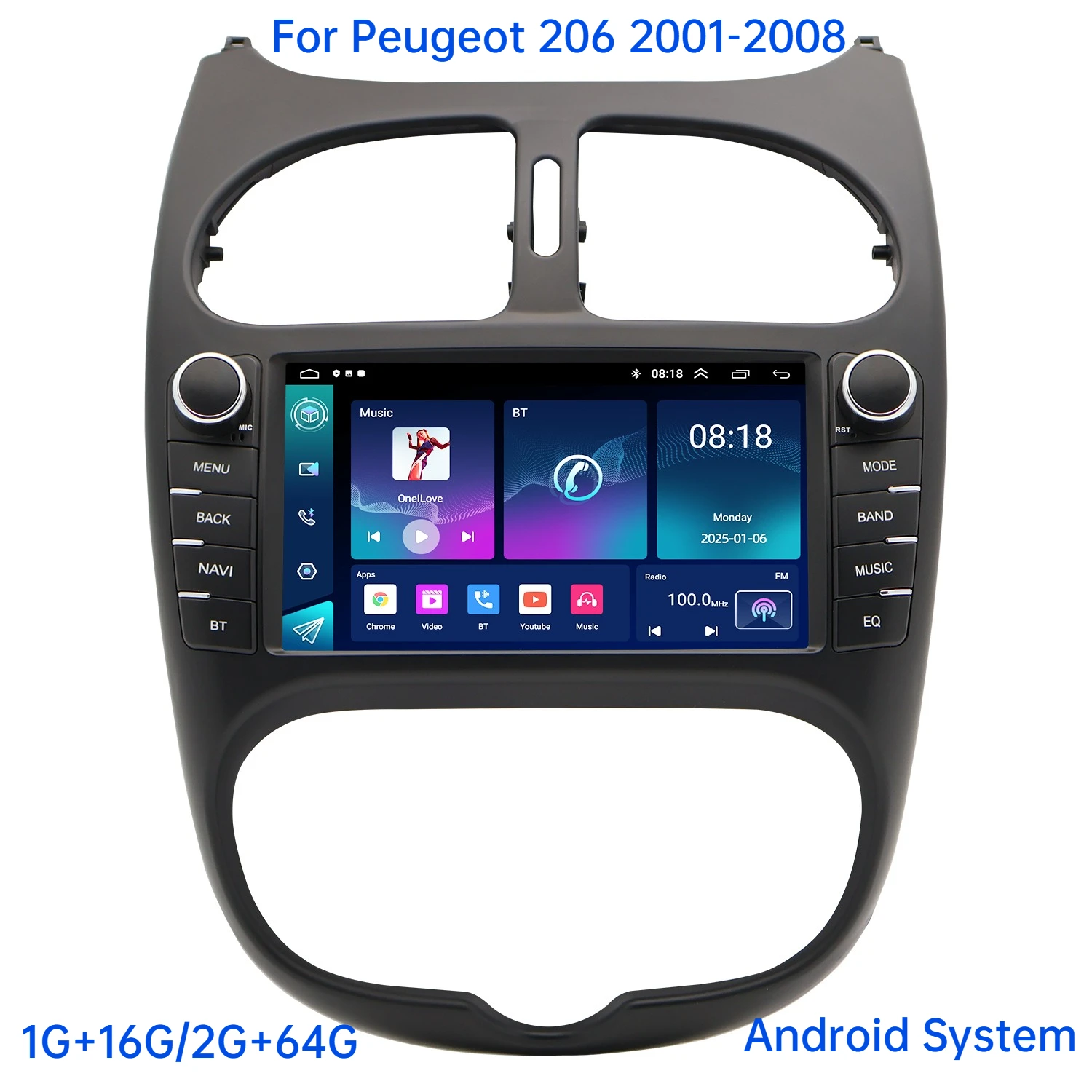 

For Peugeot 206 2001-2008 Car Multimedia Player 7 " Touch Screen Android GPS Navigation MP5 Player Bluetooth Physical Buttons