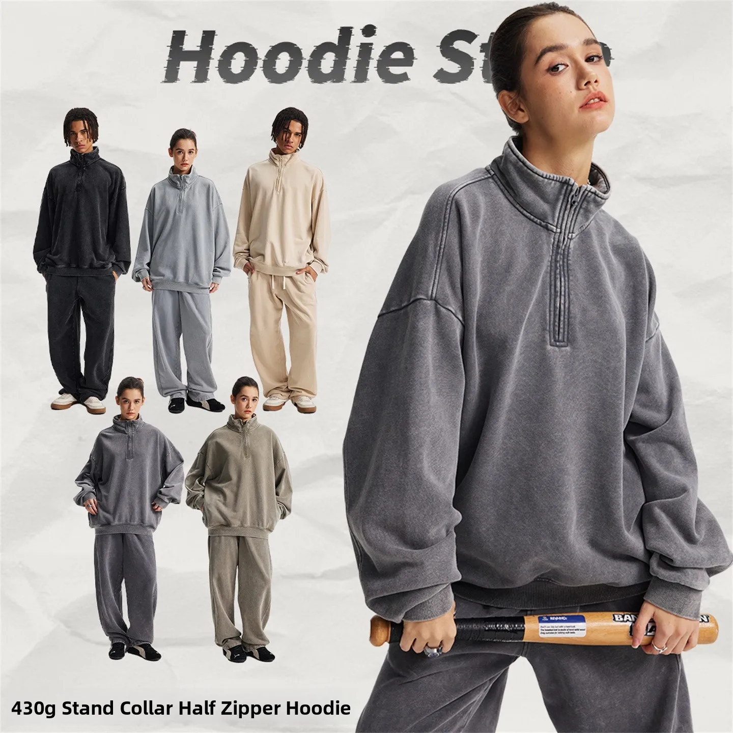 

Retro American Waed Heavyweight f Zipper Stand Collar Sweatirt Men's Oversize Loose Top Jaet Youth Casual Cotton