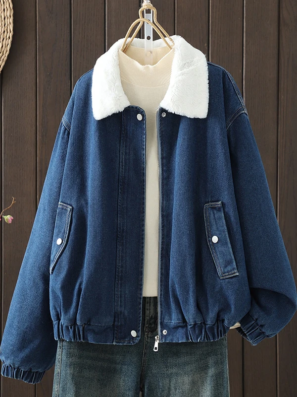 

Thiened Fce Casual Loose Cotton Jaet Women's Winter New Sle Warm Trendy Denim Coat Long Sve Zipper Closure
