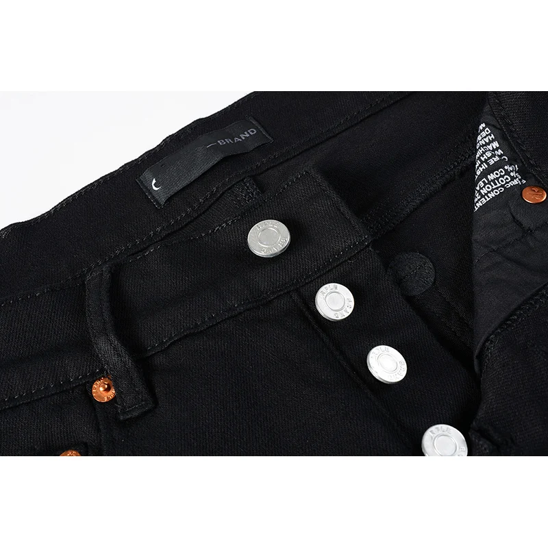 Jeans preto rasgado masculino, streetwear, angustiado, magro, botão voar, em branco, moda, best-seller