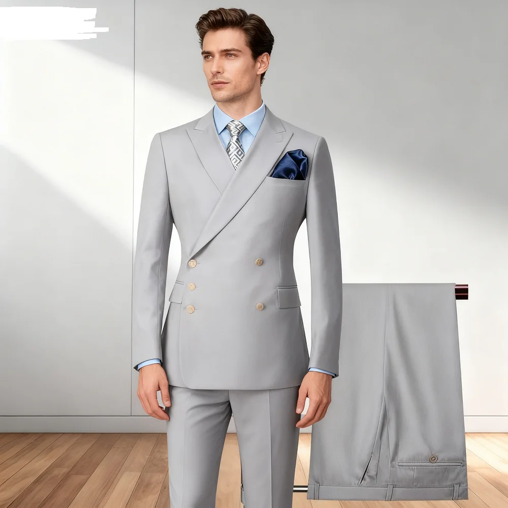 أنيقة الصلبة 2 قطعة الرجال سهرة رسمية الأعمال الزفاف العريس سترة مزدوجة الصدر مع الذروة التلبيب والسراويل