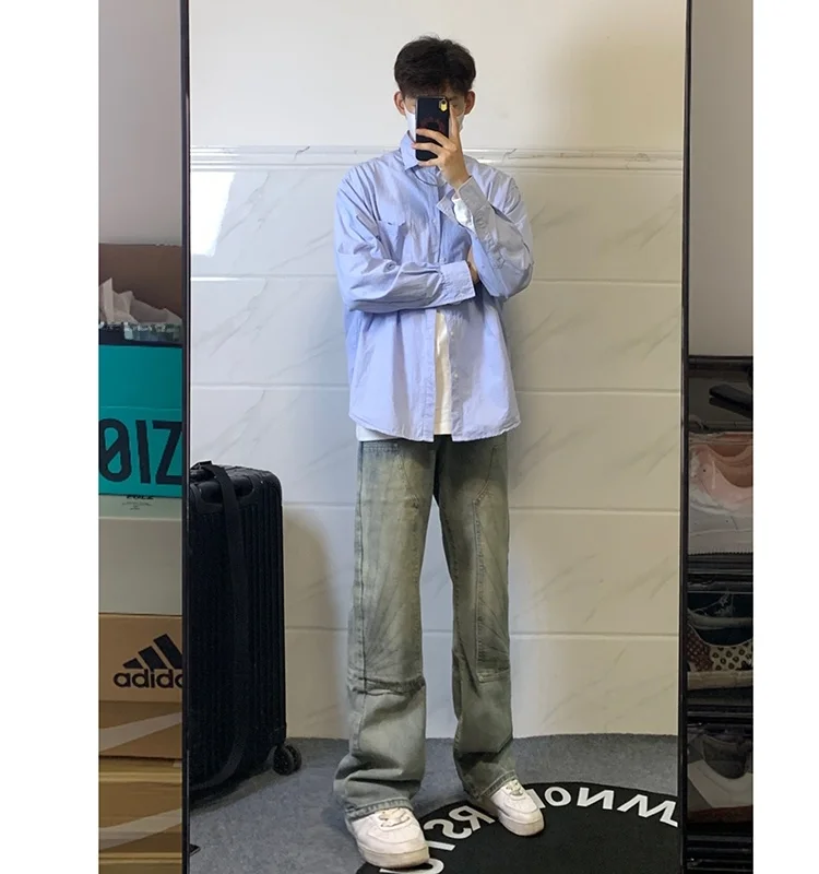 

Light Blue Men's Autumn Winter Straight Leg Workwear Jeans Trendy Brand Fashionable Straight Cut Denim Pants Woodcutter Style