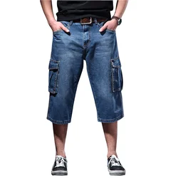 Men's Summer Loose Fit Cargo Short Jeans With Big Pockets Baggy Casual Work Denim Shorts Washed Blue Big Size
