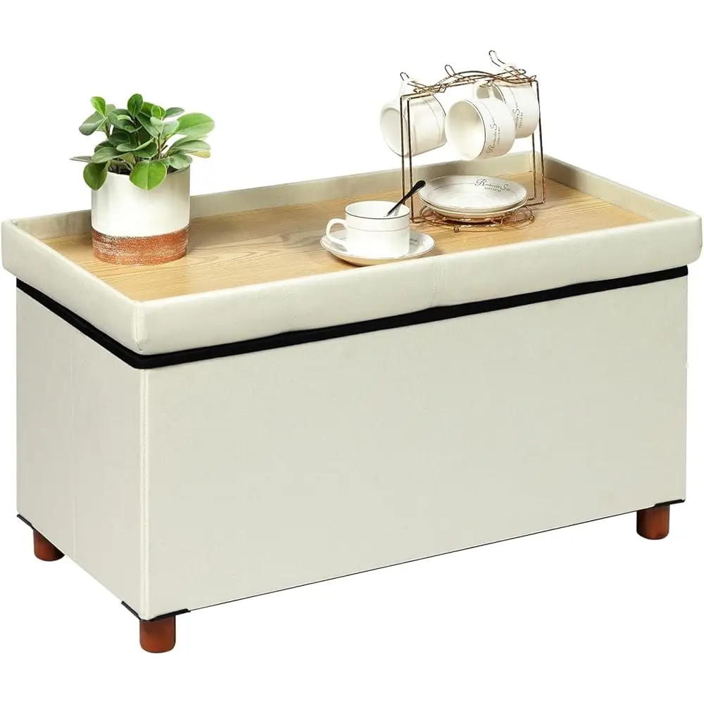 

Linen Coffee Table Ottoman With Tray, Large Storage Bench With Wooden Legs, Toy Chest Foot Stools, Ottomans For Living Room