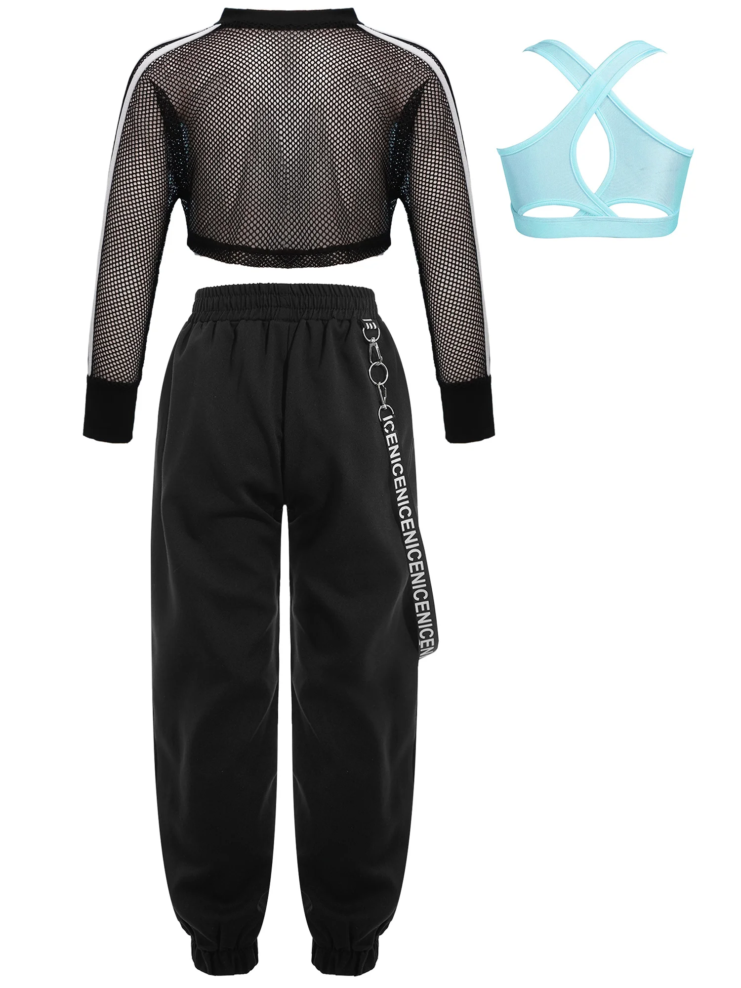 Kids Girls Hip-hop Jazz Mesh Long Sleeve Crop Top with Cargo Pants Shiny Sequins Vest for Workout Performance